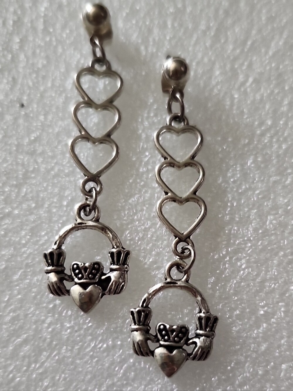 Hand Crafted Silver-Tone Heart Drop Earrings with Claddagh Detail